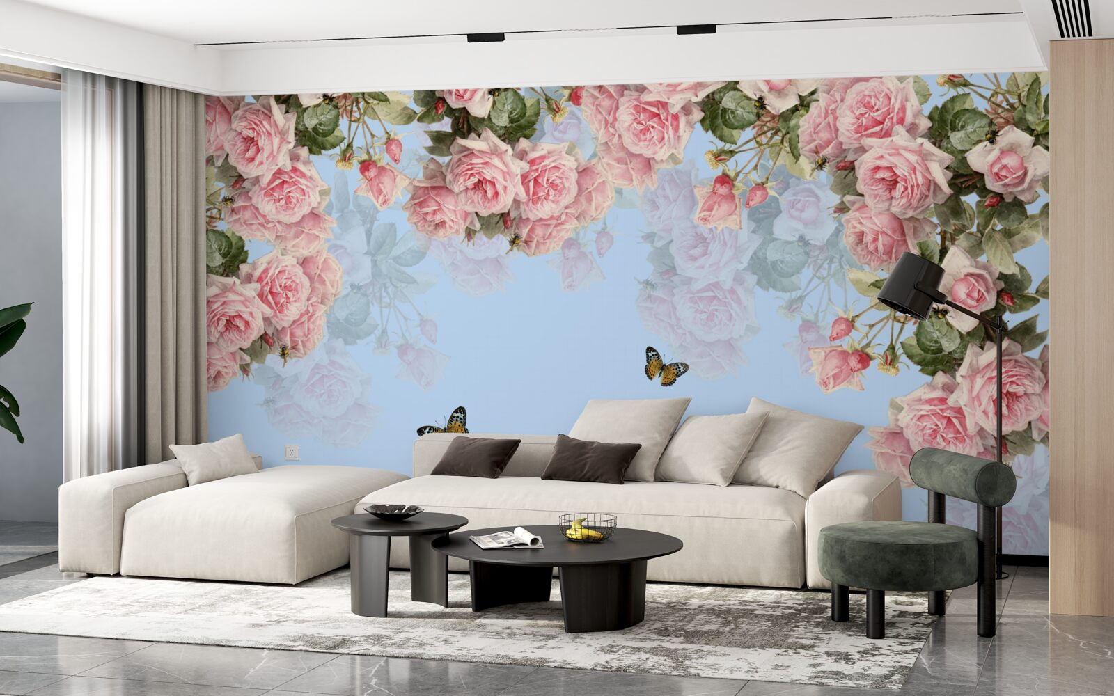 Фотошпалери рожеві троянди на блакитному тлі