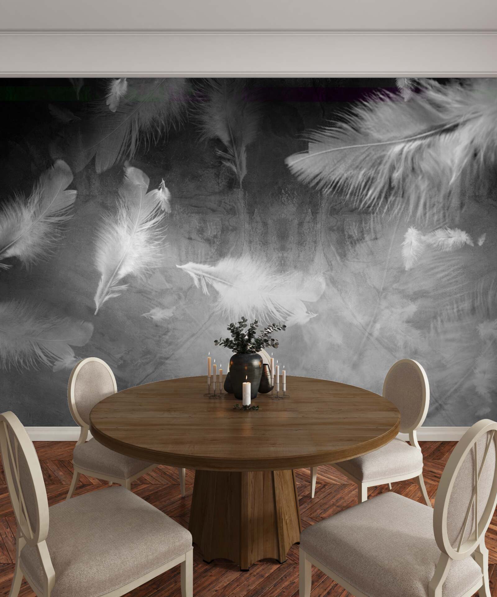 Фотошпалери сіре тло прикрашене білим пір'ям