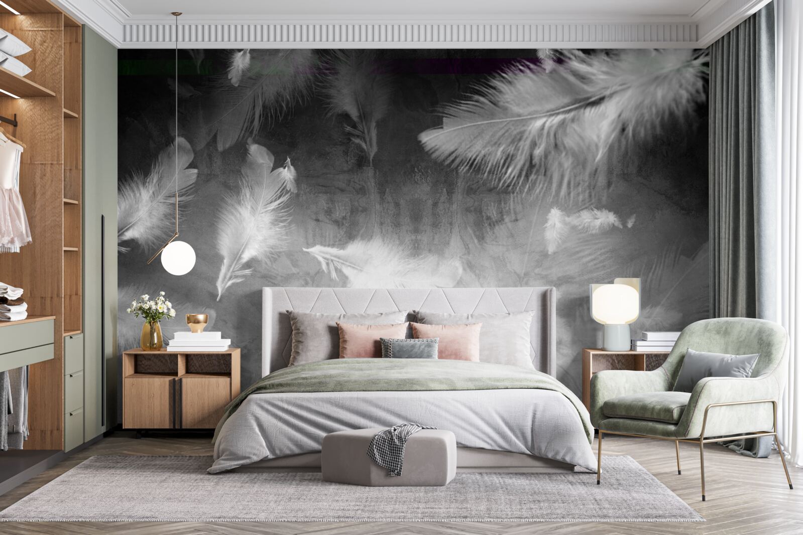 Фотошпалери сіре тло прикрашене білим пір'ям