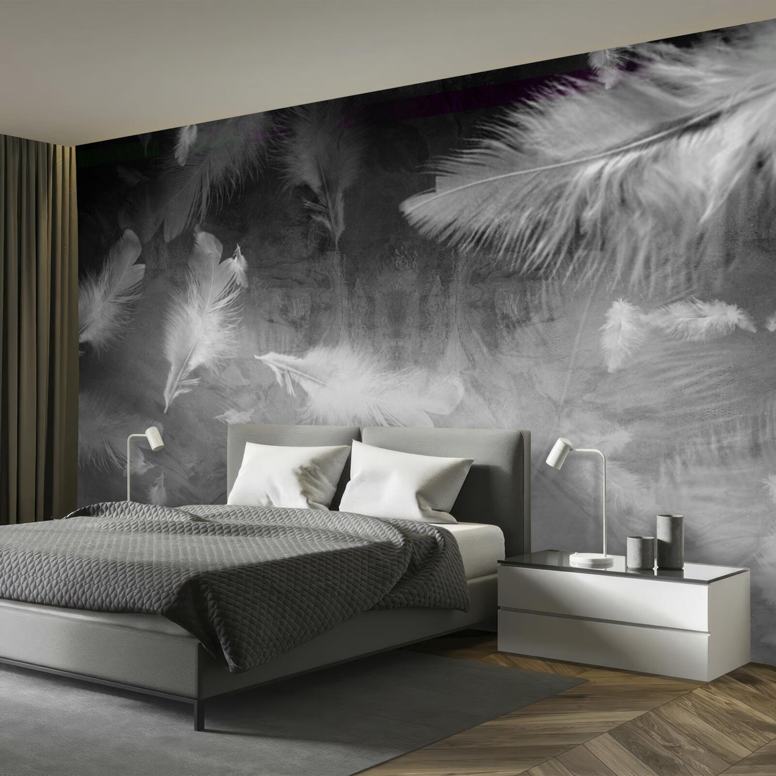 Фотошпалери сіре тло прикрашене білим пір'ям