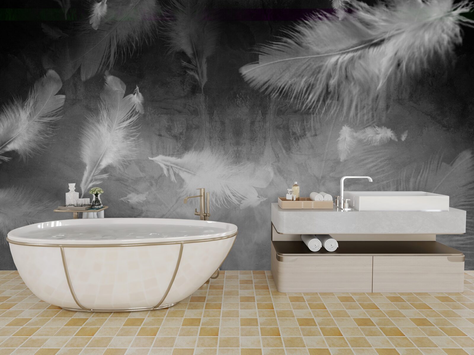 Фотошпалери сіре тло прикрашене білим пір'ям