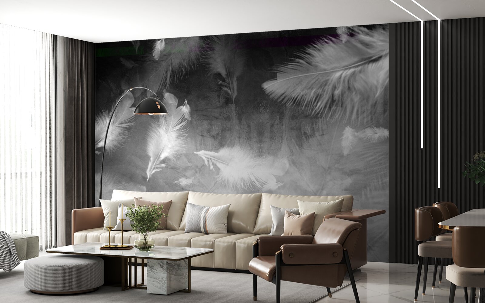 Фотошпалери сіре тло прикрашене білим пір'ям