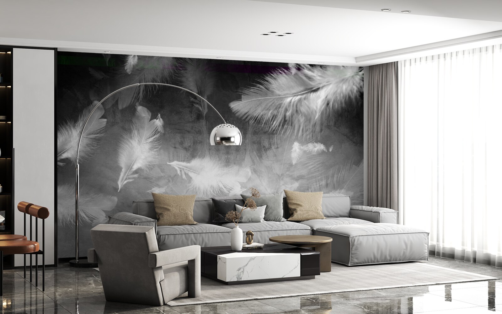 Фотошпалери сіре тло прикрашене білим пір'ям