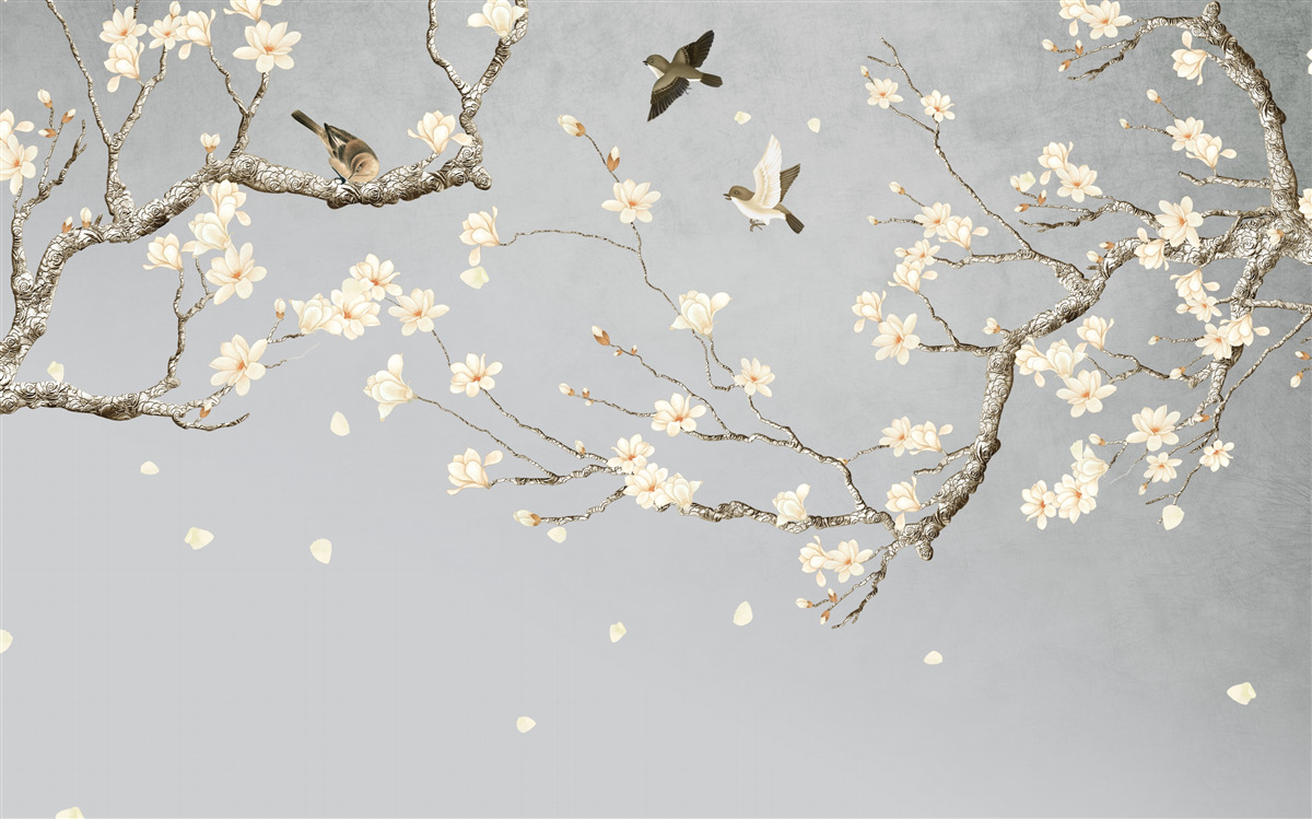 Фотошпалери птахи кружляють навколо квітучого дерева