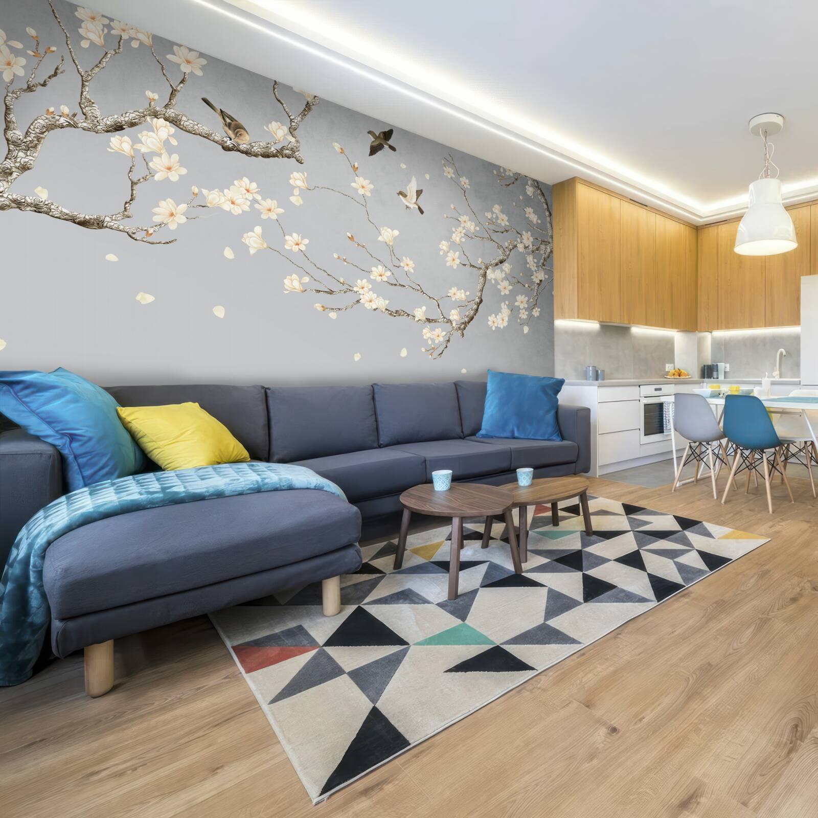 Фотошпалери птахи кружляють навколо квітучого дерева