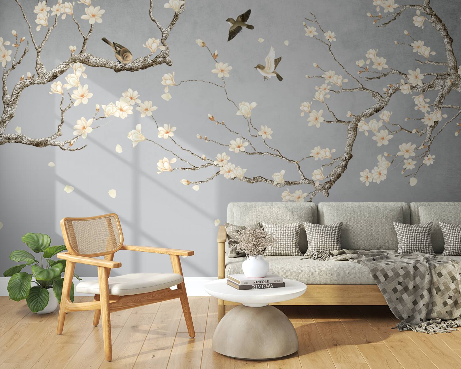 Фотошпалери птахи кружляють навколо квітучого дерева