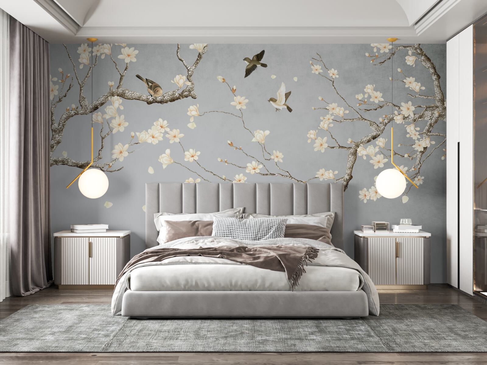 Фотошпалери птахи кружляють навколо квітучого дерева