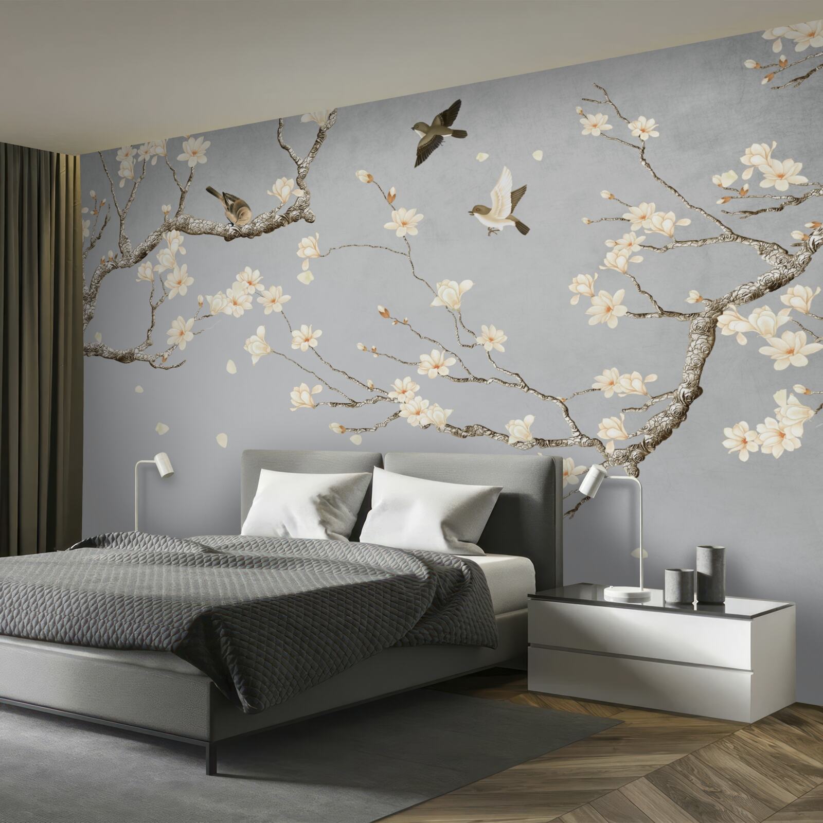 Фотошпалери птахи кружляють навколо квітучого дерева