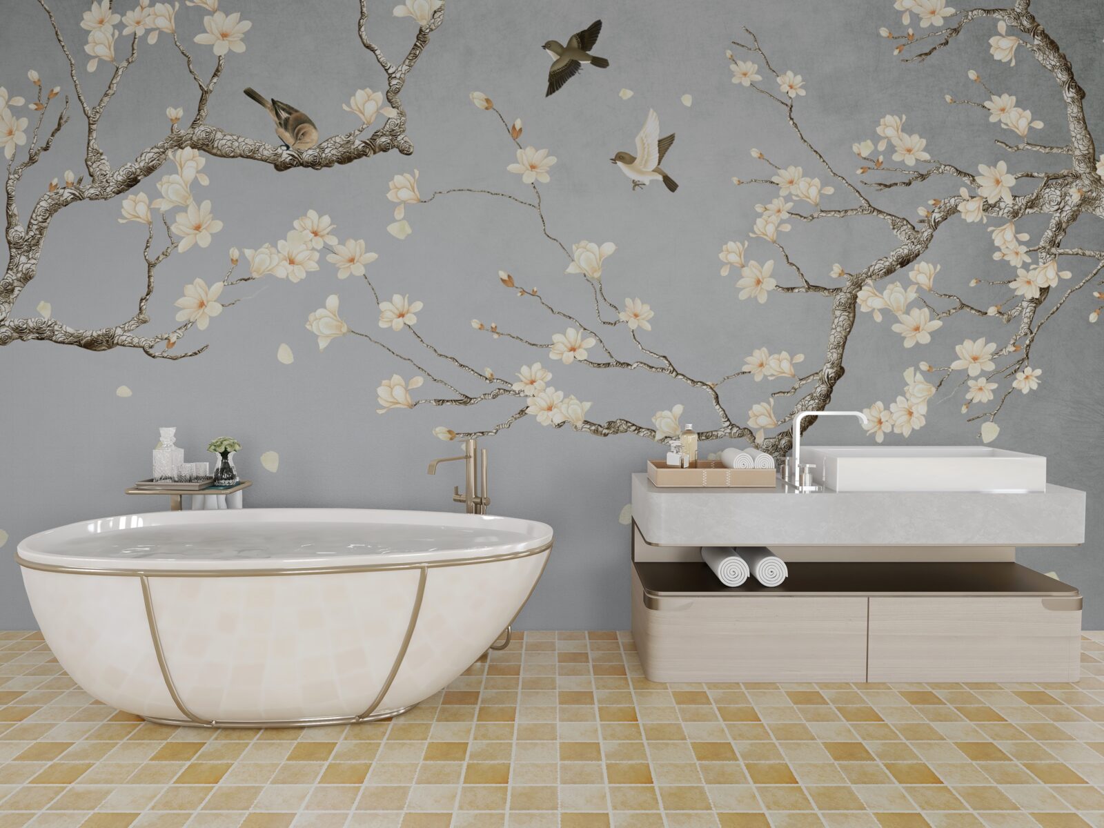 Фотошпалери птахи кружляють навколо квітучого дерева