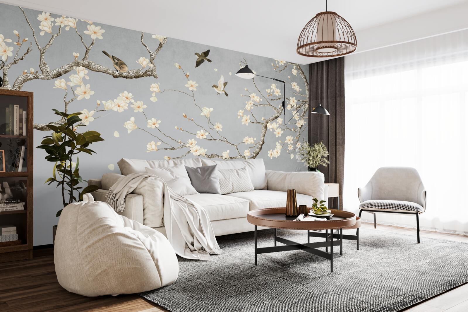 Фотошпалери птахи кружляють навколо квітучого дерева