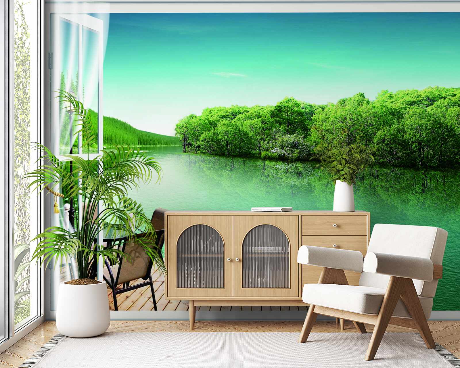 Фотошпалери внутрішній дворик біля зеленуватого ставка