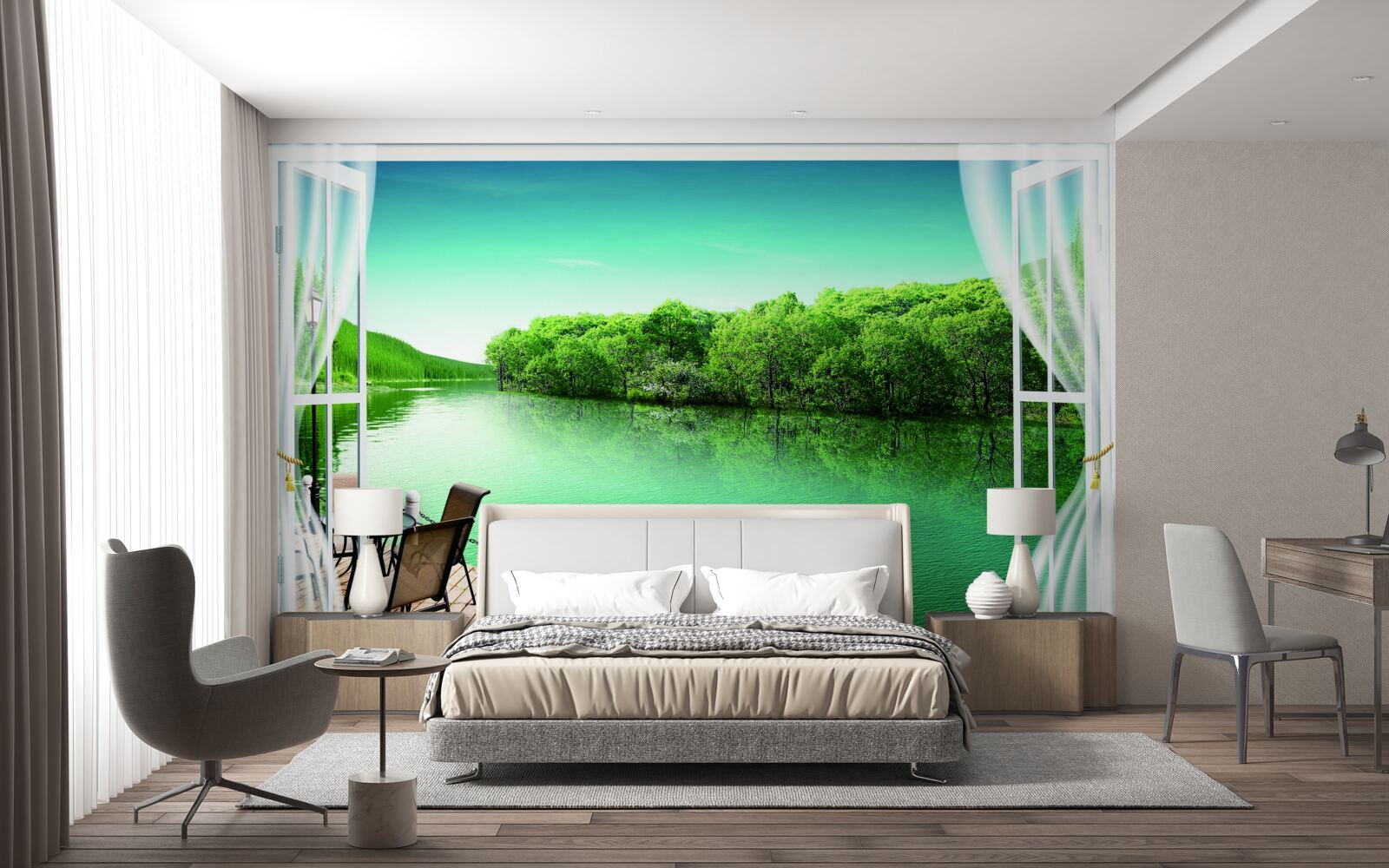 Фотошпалери внутрішній дворик біля зеленуватого ставка