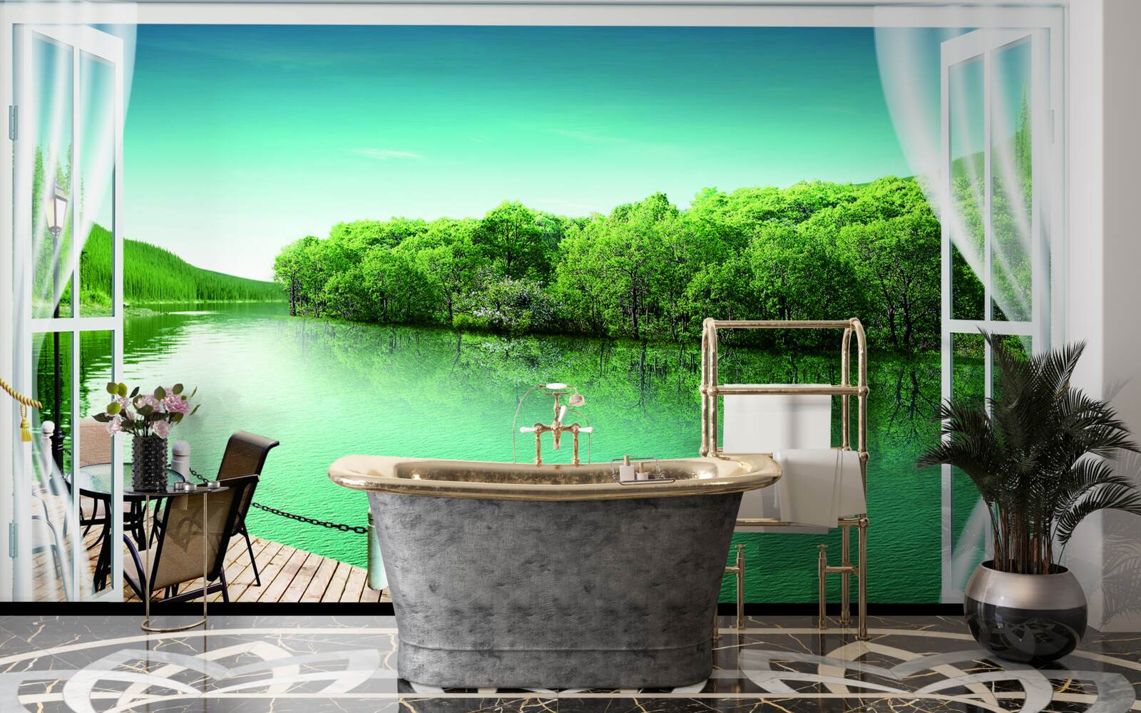 Фотошпалери внутрішній дворик біля зеленуватого ставка