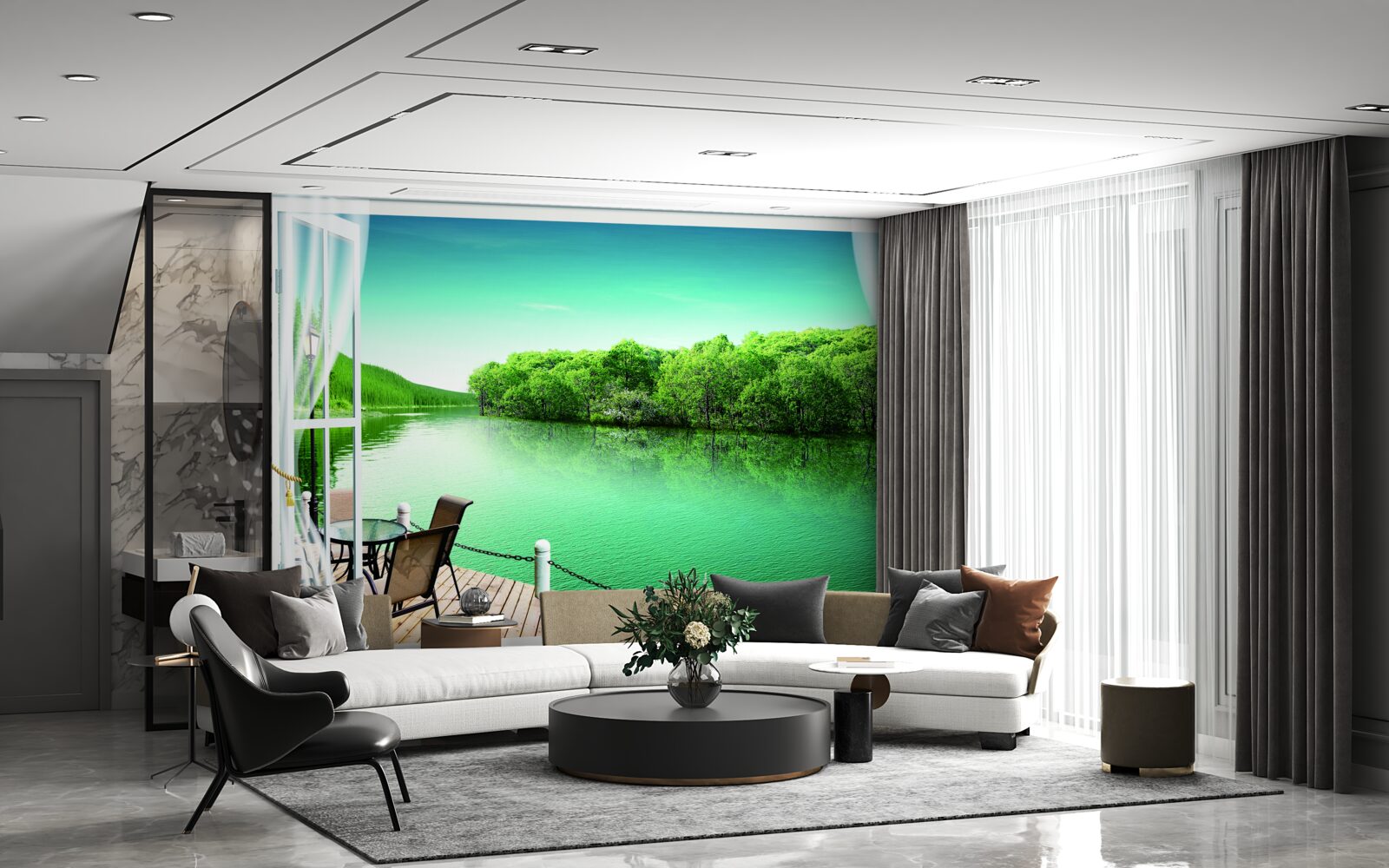 Фотошпалери внутрішній дворик біля зеленуватого ставка