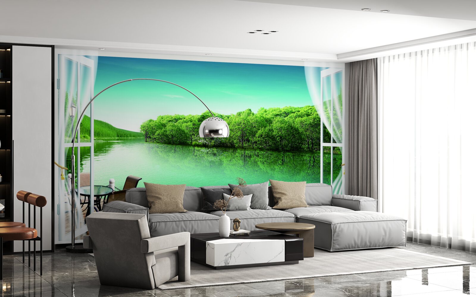 Фотошпалери внутрішній дворик біля зеленуватого ставка