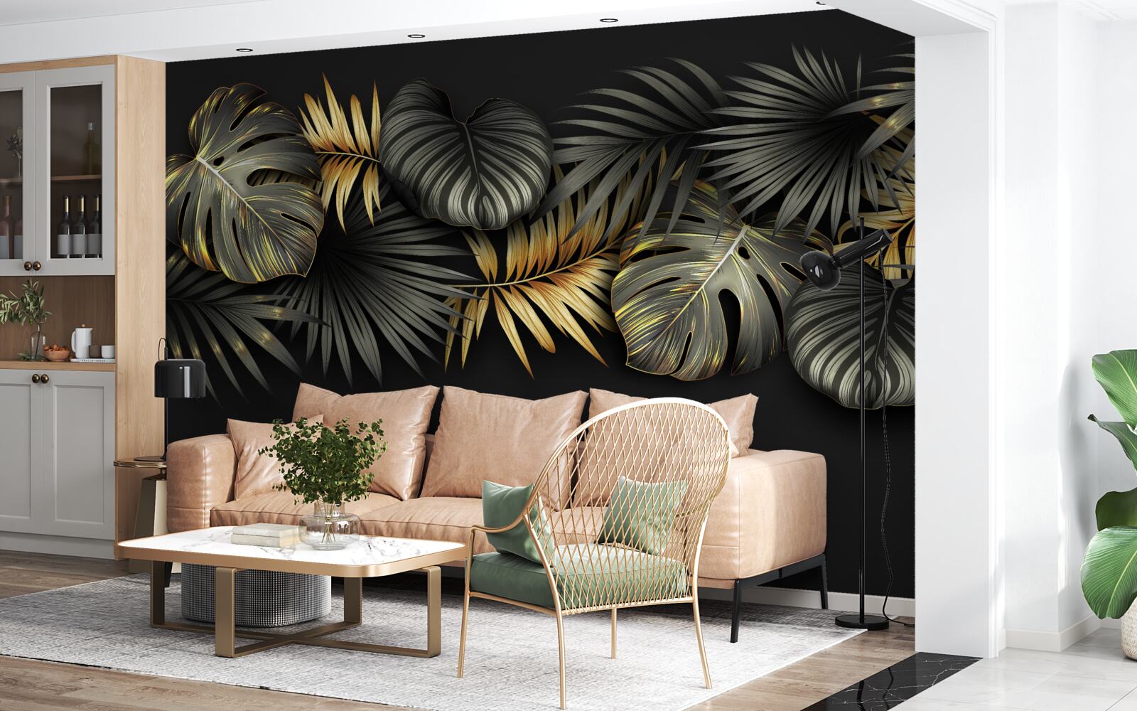 Фотошпалери золоте листя на чорному тлі