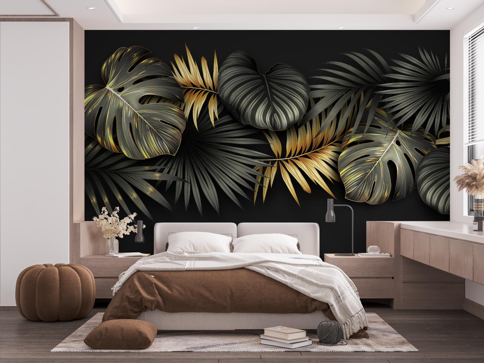 Фотошпалери золоте листя на чорному тлі