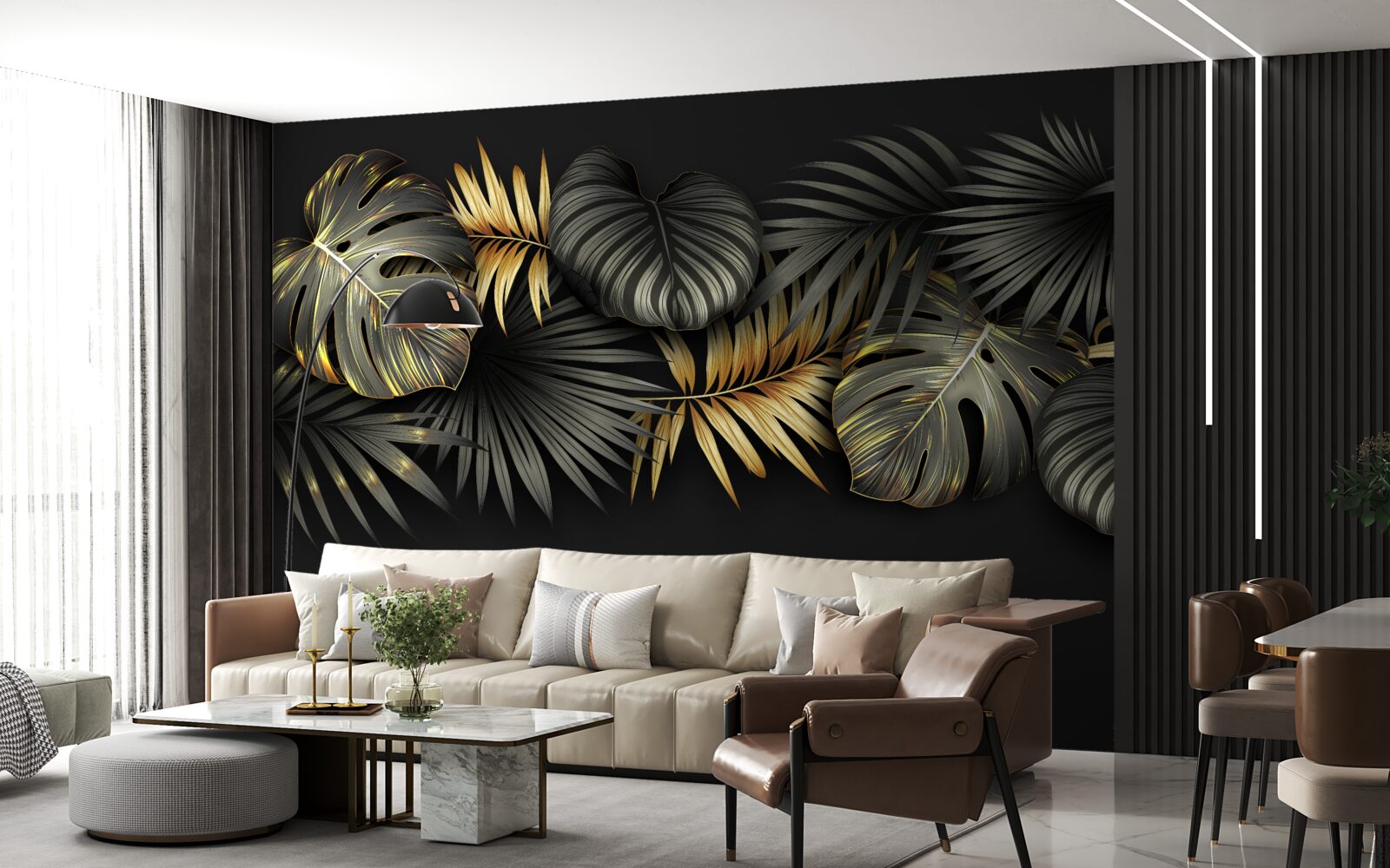 Фотошпалери золоте листя на чорному тлі