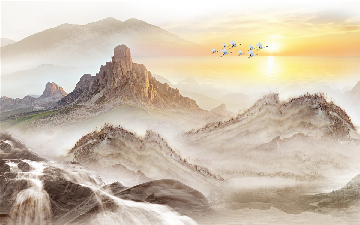 Фотошпалери захід сонця під горами, що пропливає з журавлями