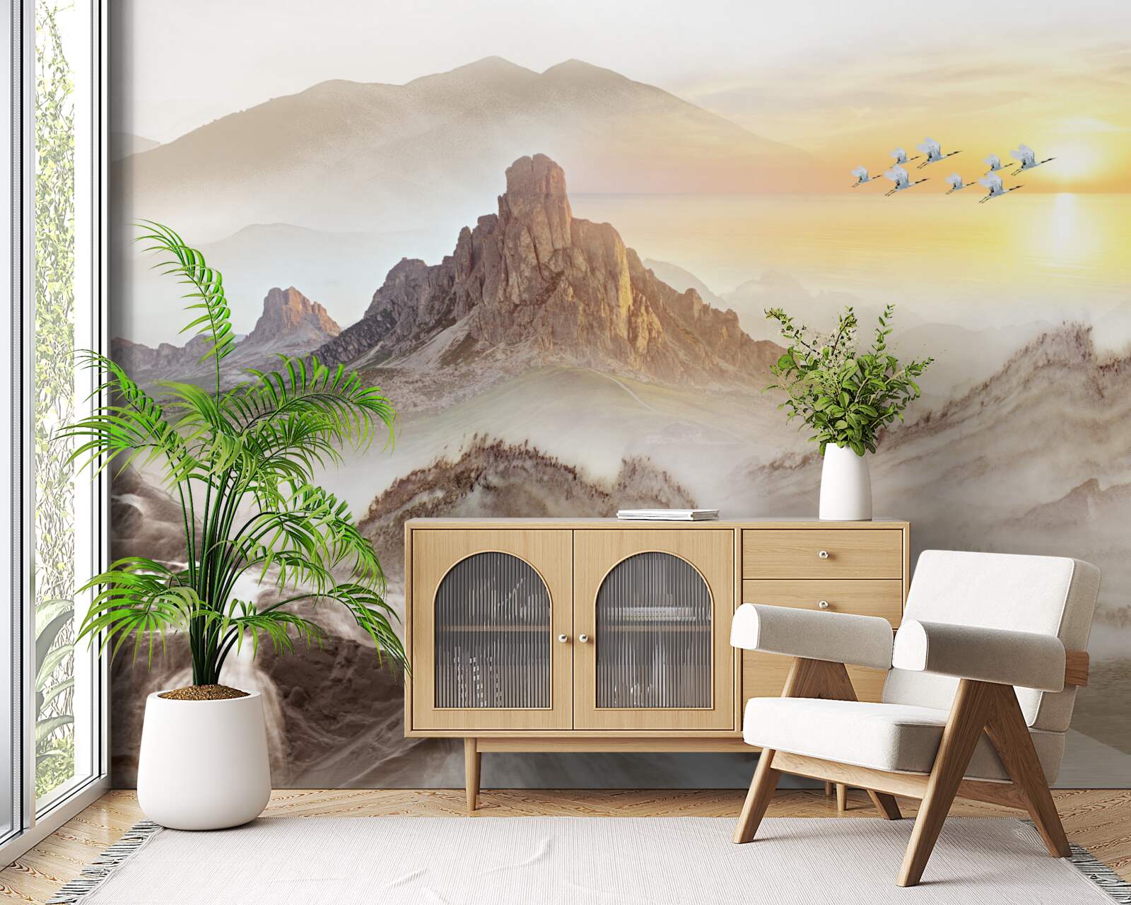 Фотошпалери захід сонця під горами, що пропливає з журавлями