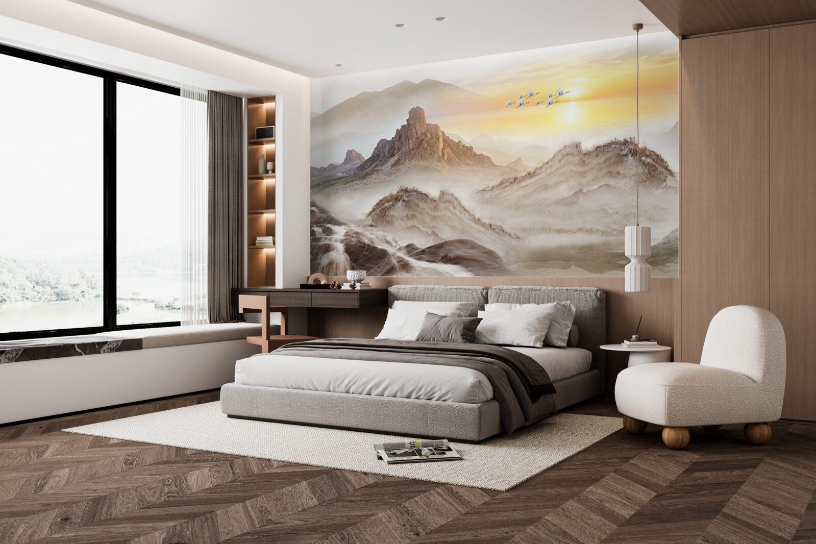 Фотошпалери захід сонця під горами, що пропливає з журавлями