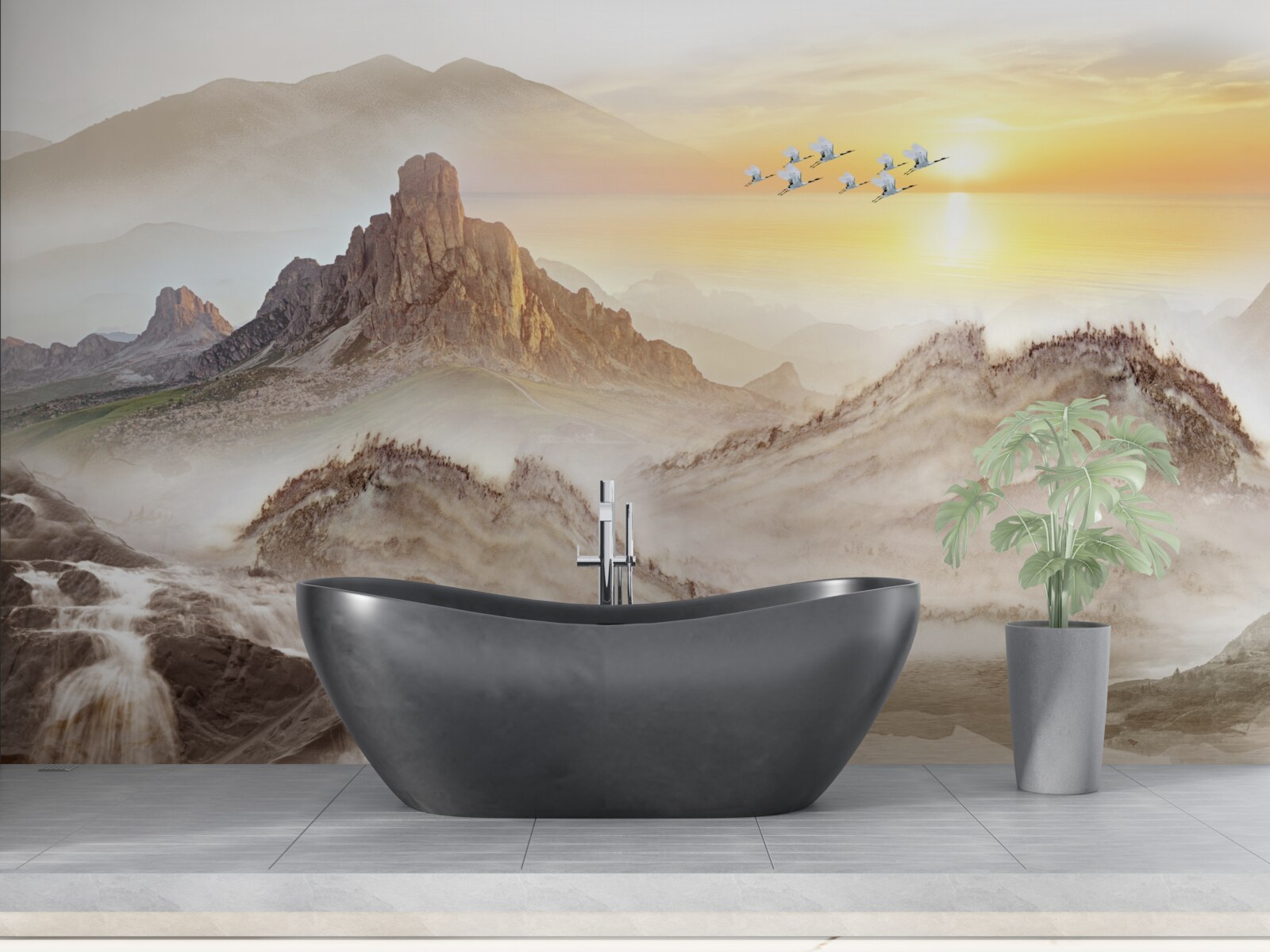 Фотошпалери захід сонця під горами, що пропливає з журавлями