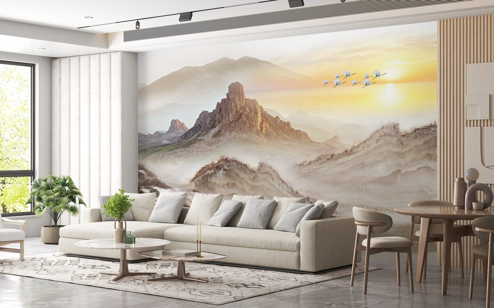 Фотошпалери захід сонця під горами, що пропливає з журавлями