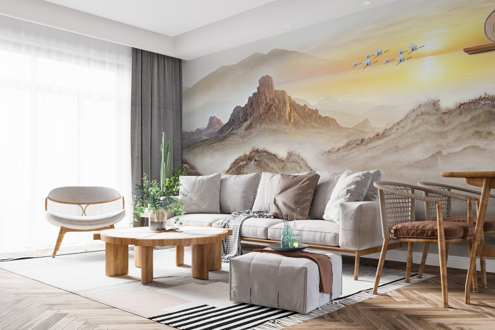 Фотошпалери захід сонця під горами, що пропливає з журавлями