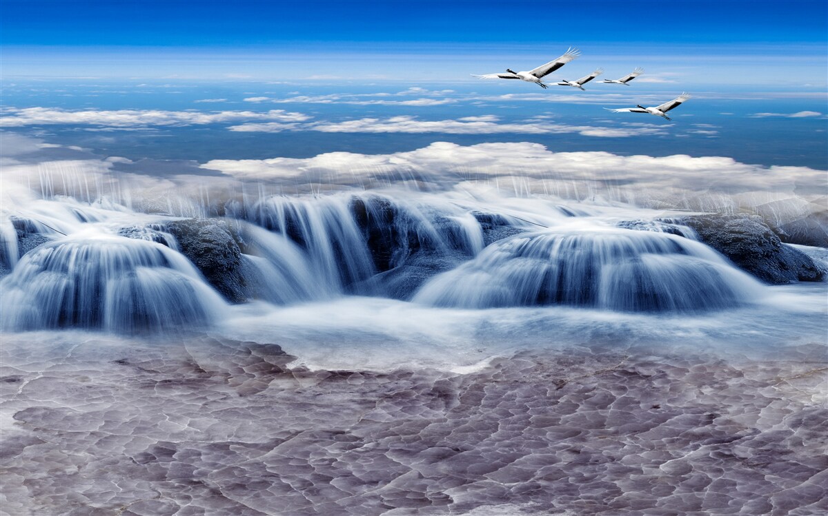 Фотошпалери водоспад, над яким ковзають птахи