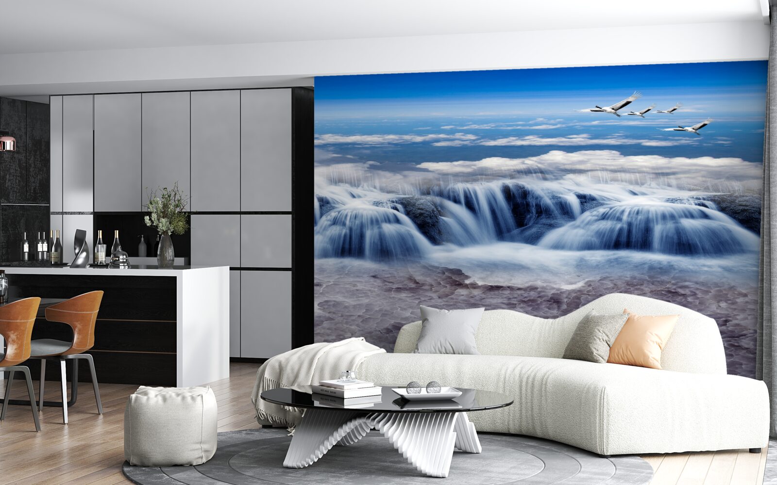 Фотошпалери водоспад, над яким ковзають птахи