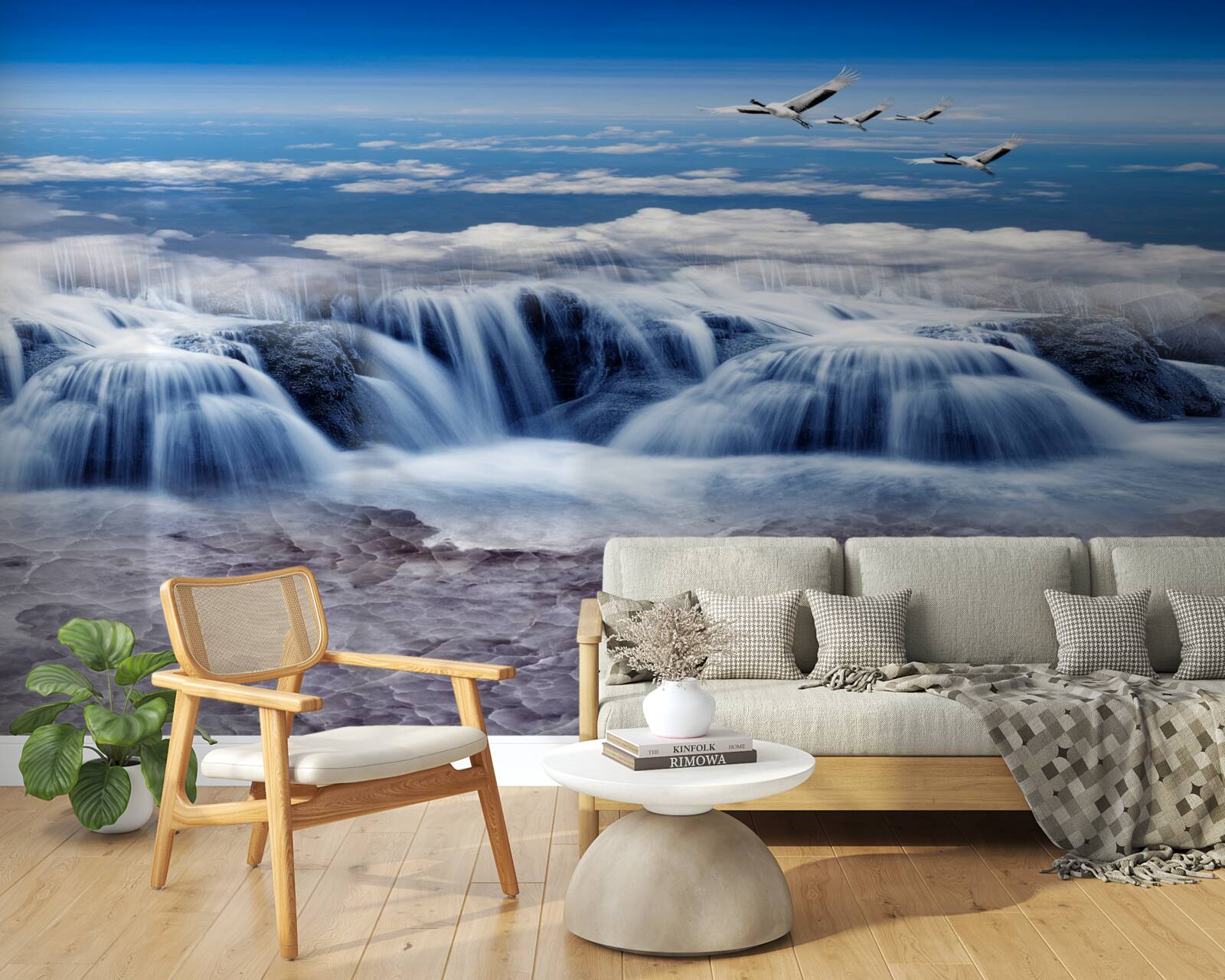 Фотошпалери водоспад, над яким ковзають птахи