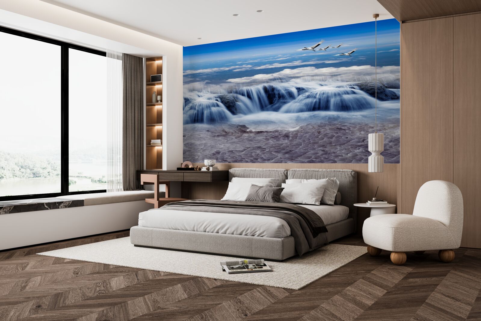 Фотошпалери водоспад, над яким ковзають птахи