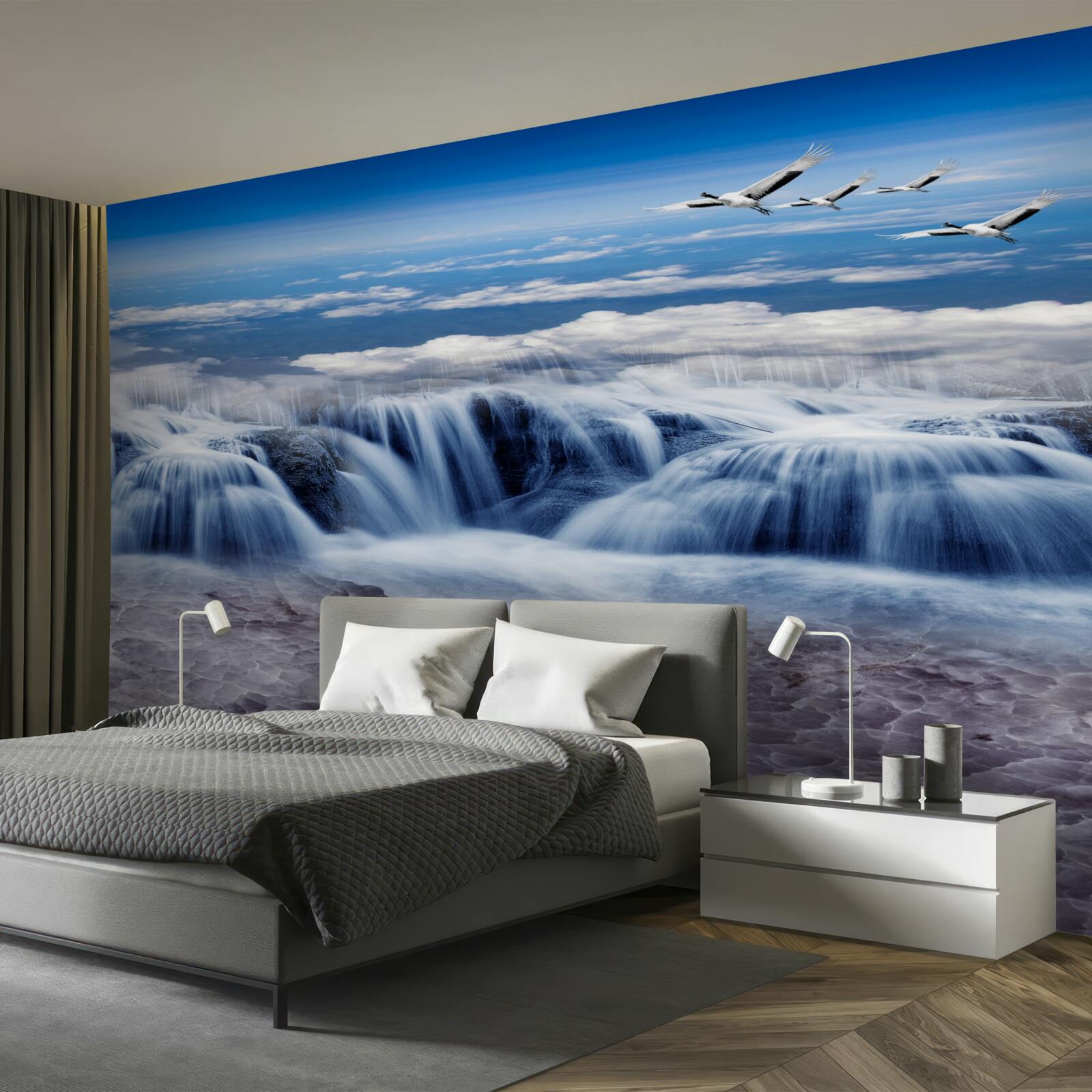 Фотошпалери водоспад, над яким ковзають птахи