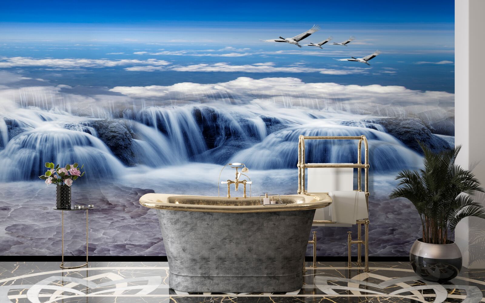 Фотошпалери водоспад, над яким ковзають птахи