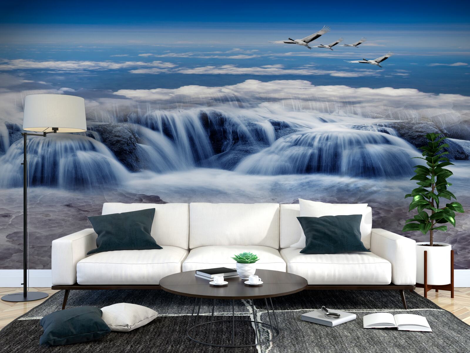 Фотошпалери водоспад, над яким ковзають птахи