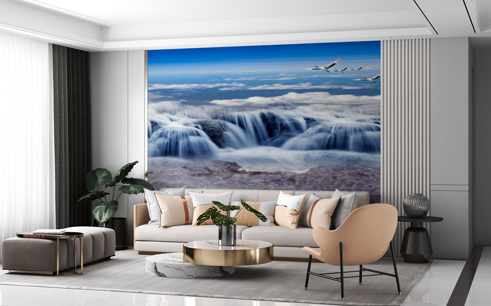 Фотошпалери водоспад, над яким ковзають птахи