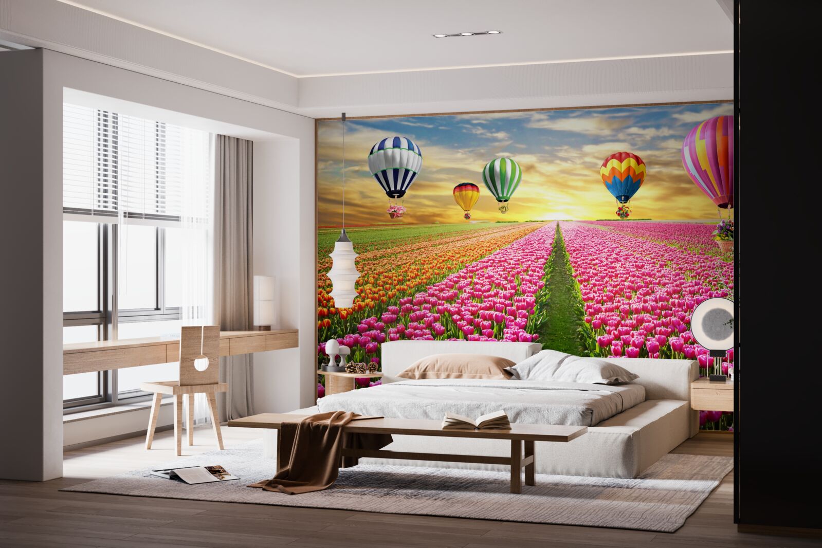 Фотошпалери кулі, що здіймаються над полем тюльпанів