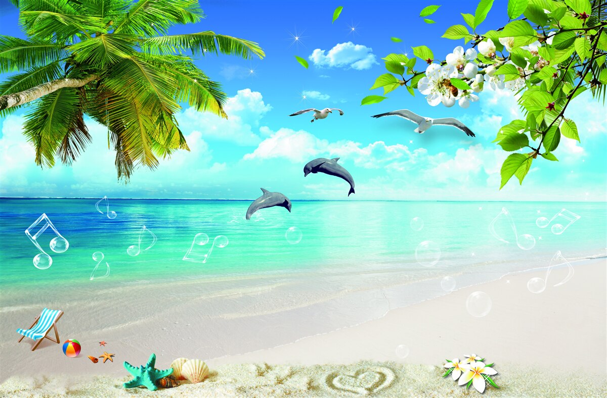 Фотошпалери чайки та дельфіни на березі океану