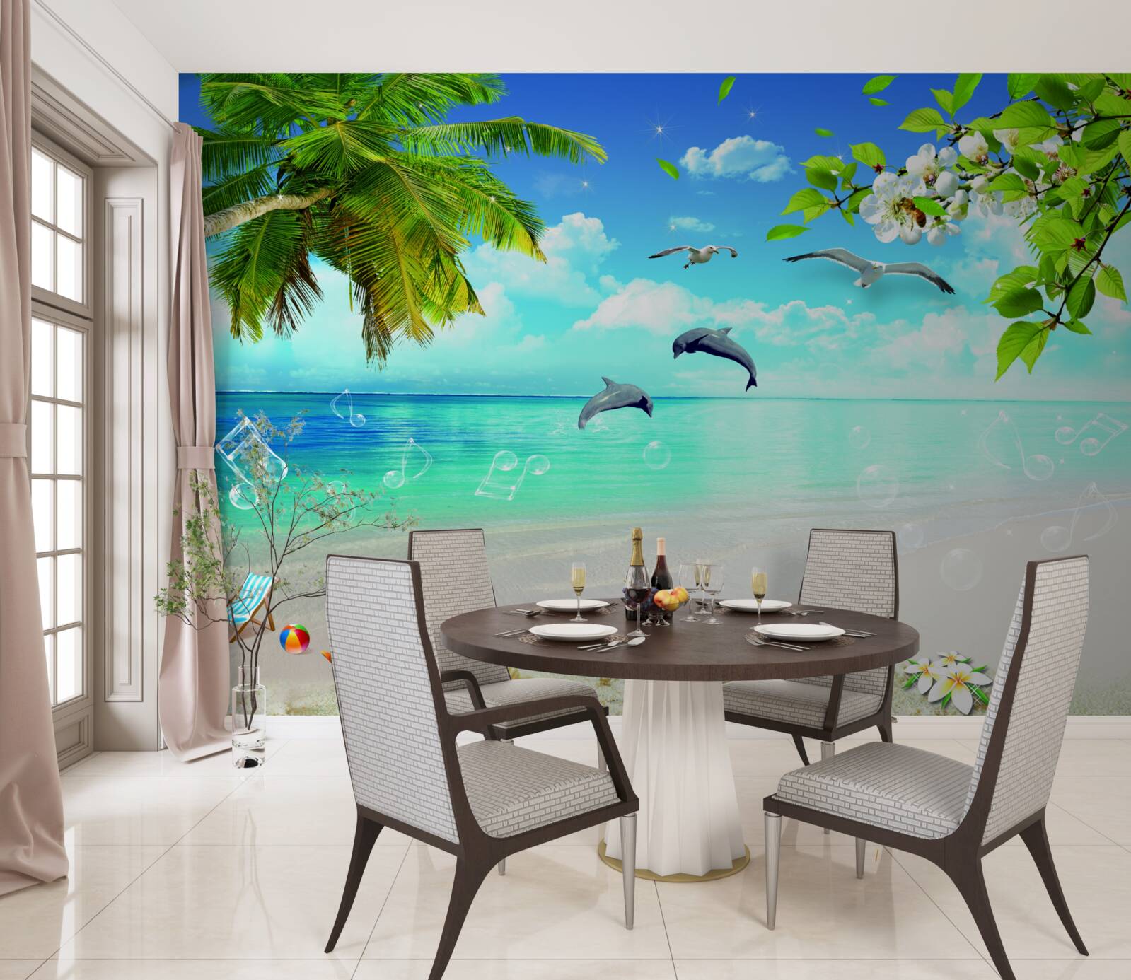 Фотошпалери чайки та дельфіни на березі океану