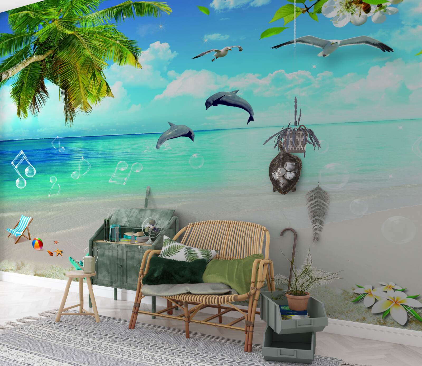 Фотошпалери чайки та дельфіни на березі океану