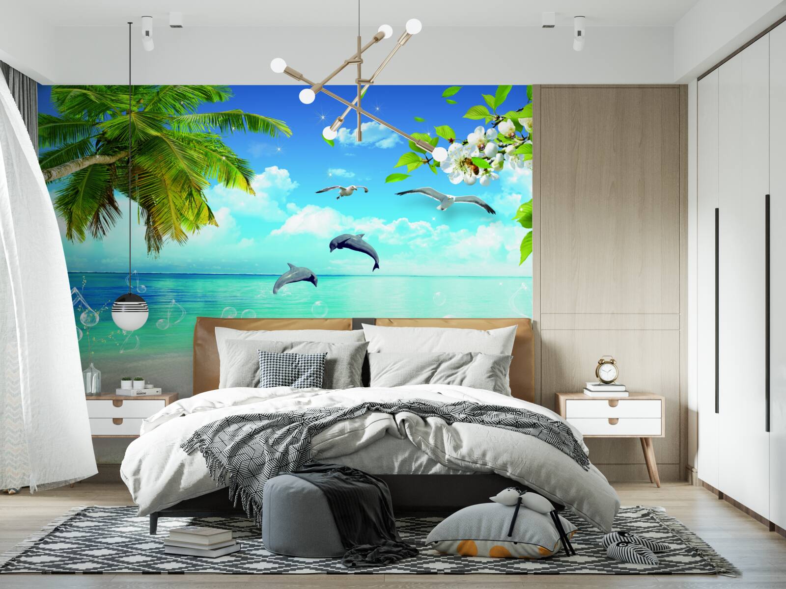 Фотошпалери чайки та дельфіни на березі океану