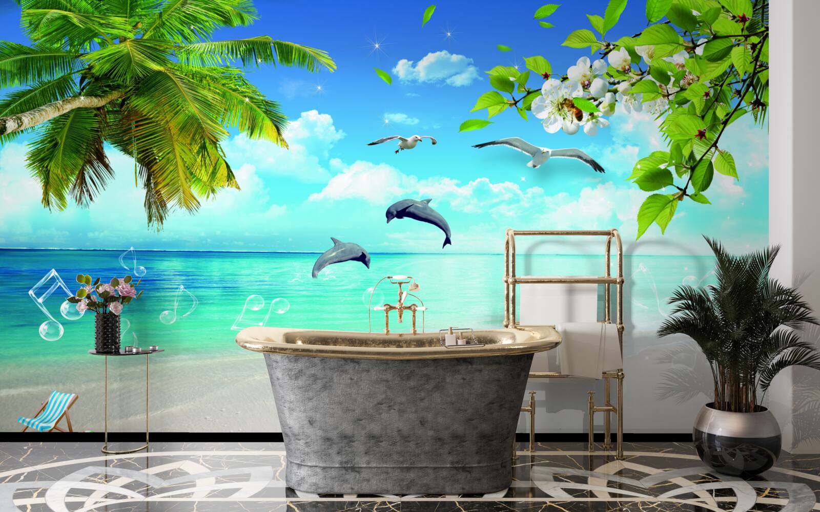 Фотошпалери чайки та дельфіни на березі океану