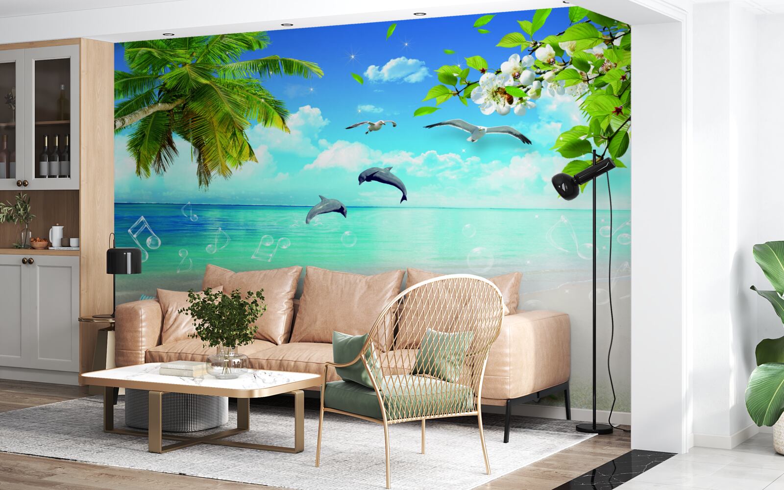 Фотошпалери чайки та дельфіни на березі океану