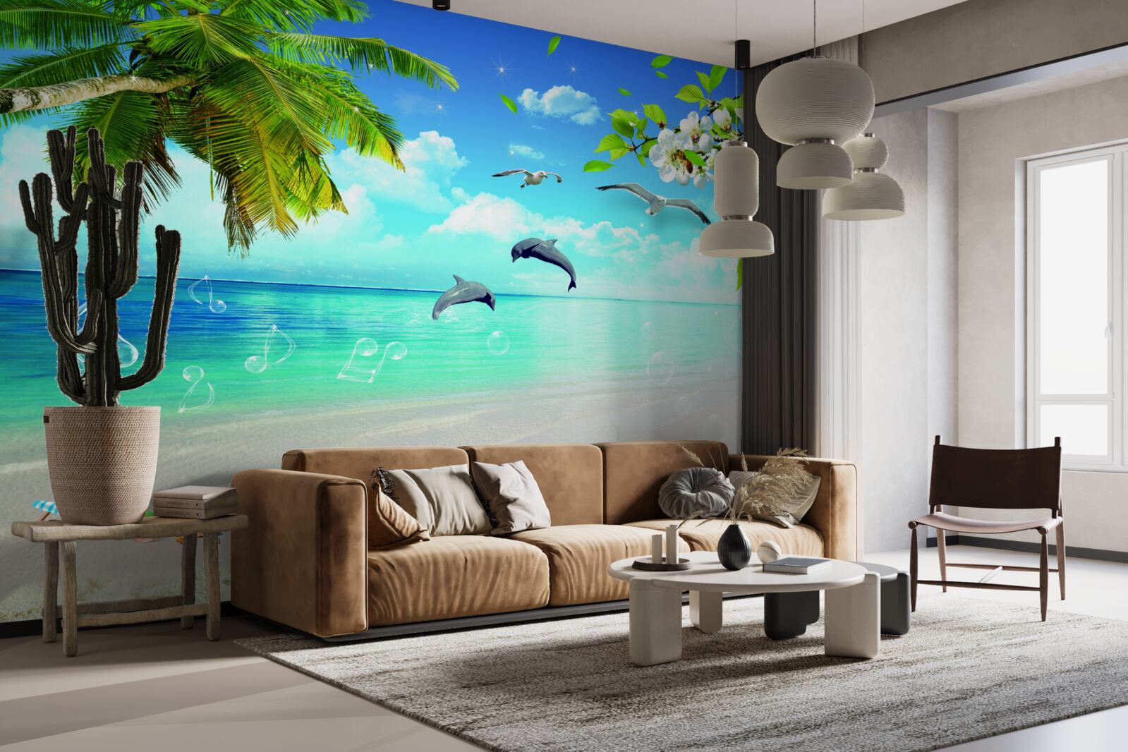 Фотошпалери чайки та дельфіни на березі океану