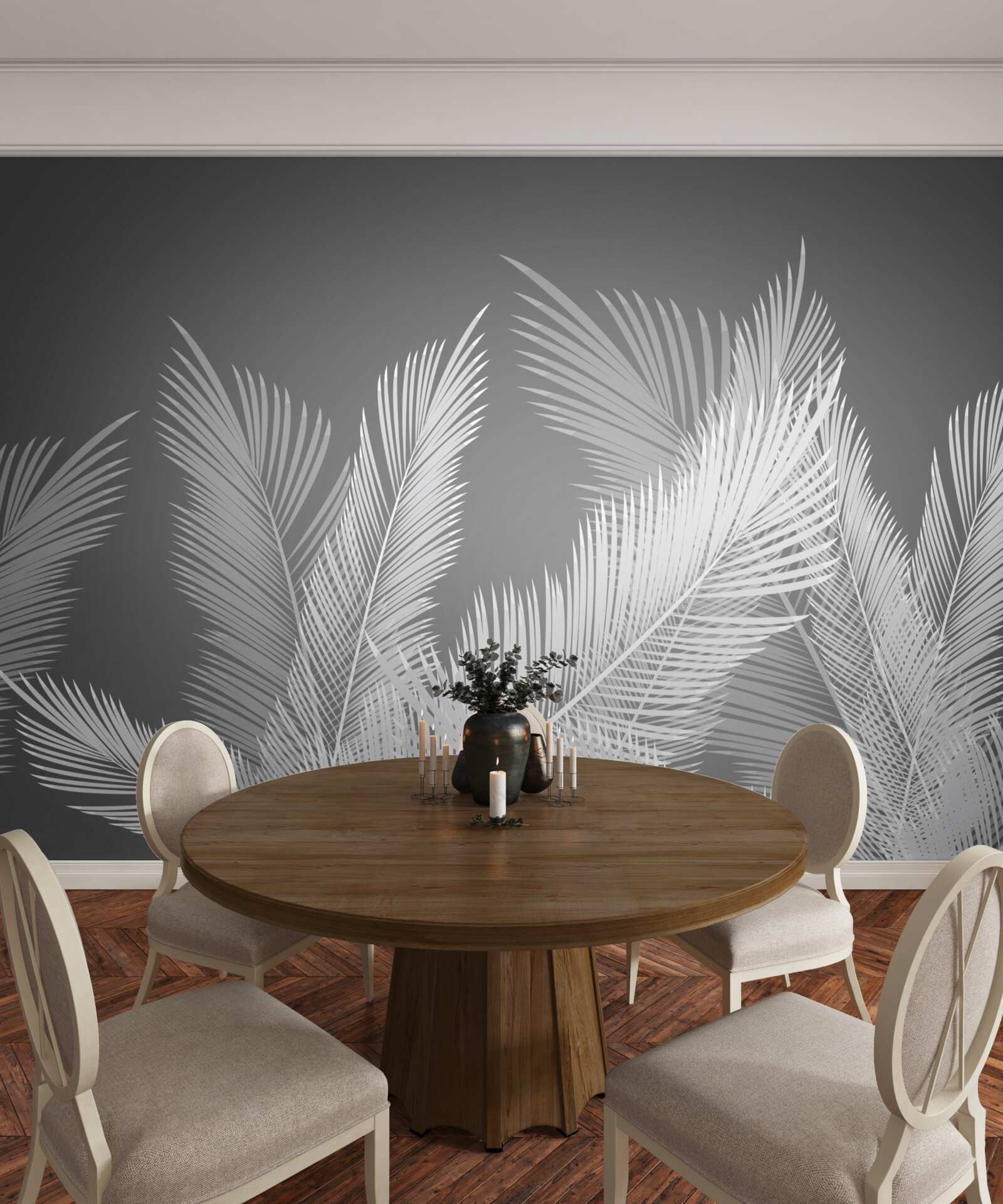 Фотошпалери перо рухається по білому листю на сірому тлі