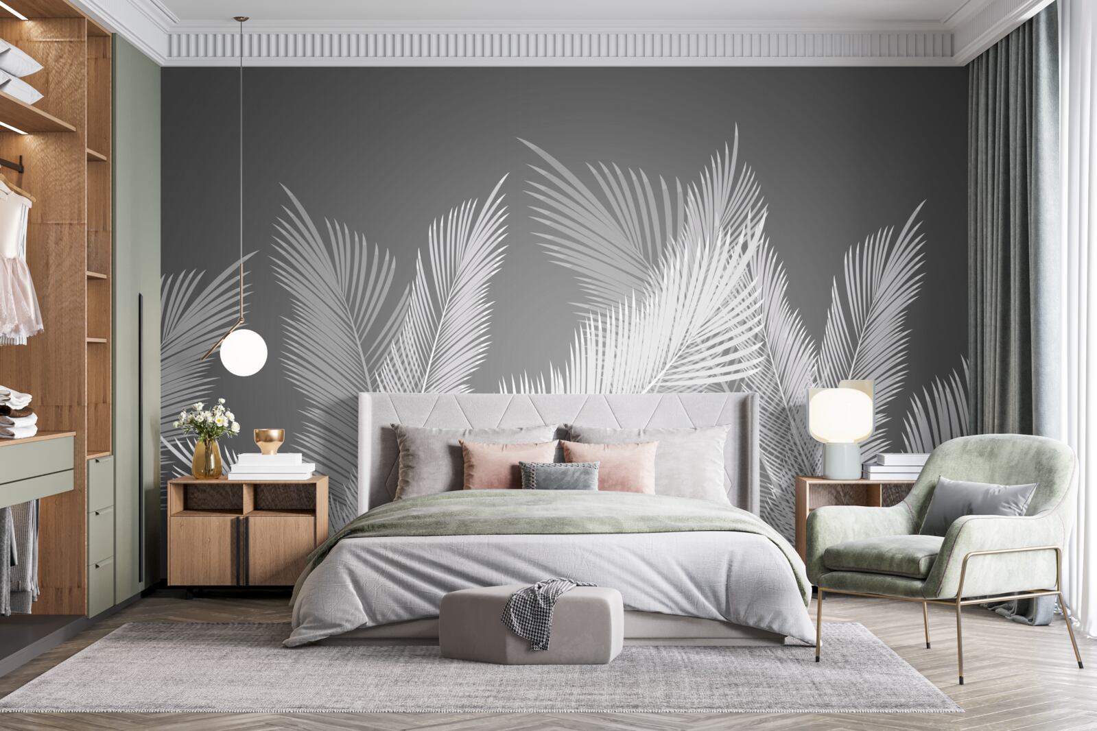 Фотошпалери перо рухається по білому листю на сірому тлі