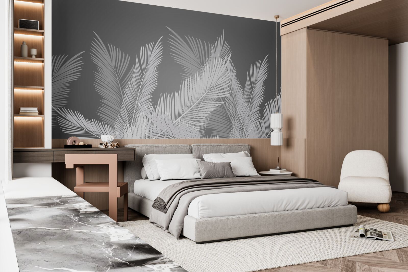 Фотошпалери перо рухається по білому листю на сірому тлі