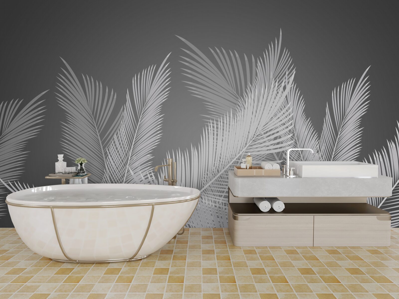 Фотошпалери перо рухається по білому листю на сірому тлі