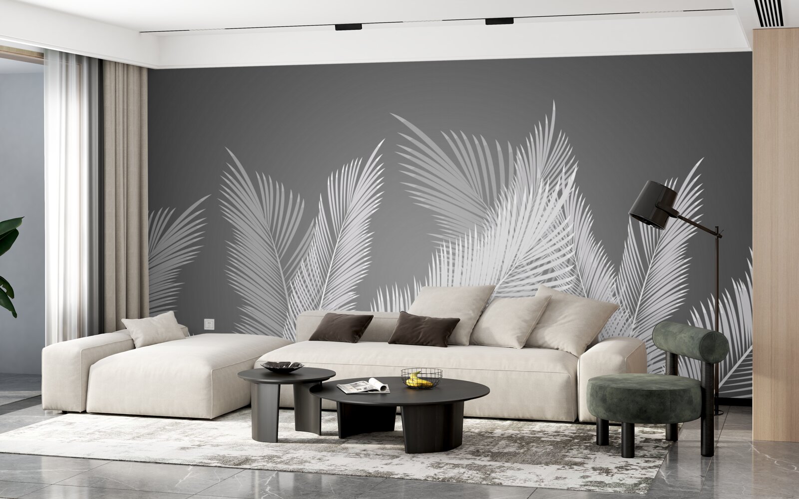 Фотошпалери перо рухається по білому листю на сірому тлі