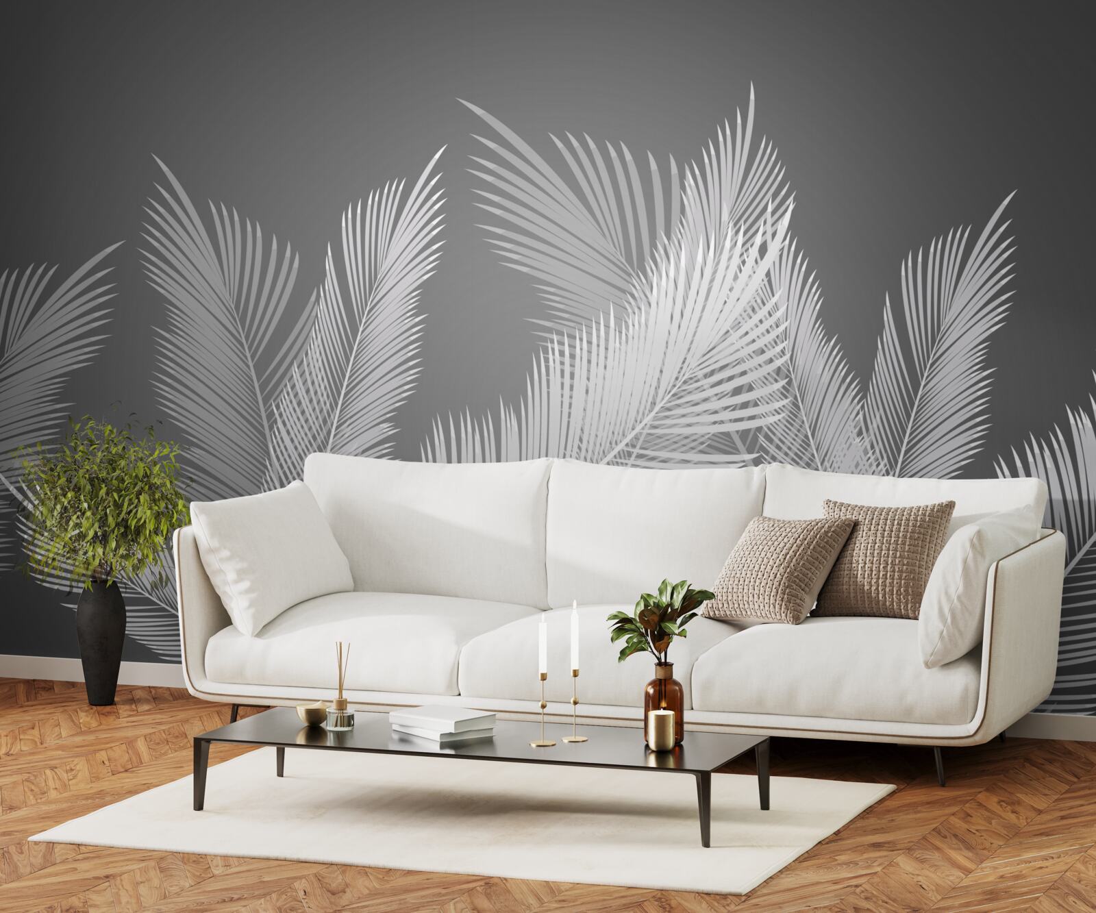 Фотошпалери перо рухається по білому листю на сірому тлі